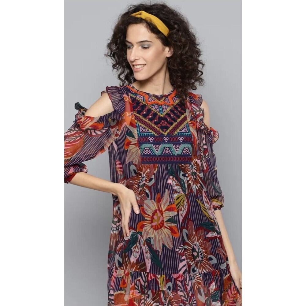 Label Ritu Kumar Womens Navy Blue Semi Sheer Printed Mini A-line Dress Medium